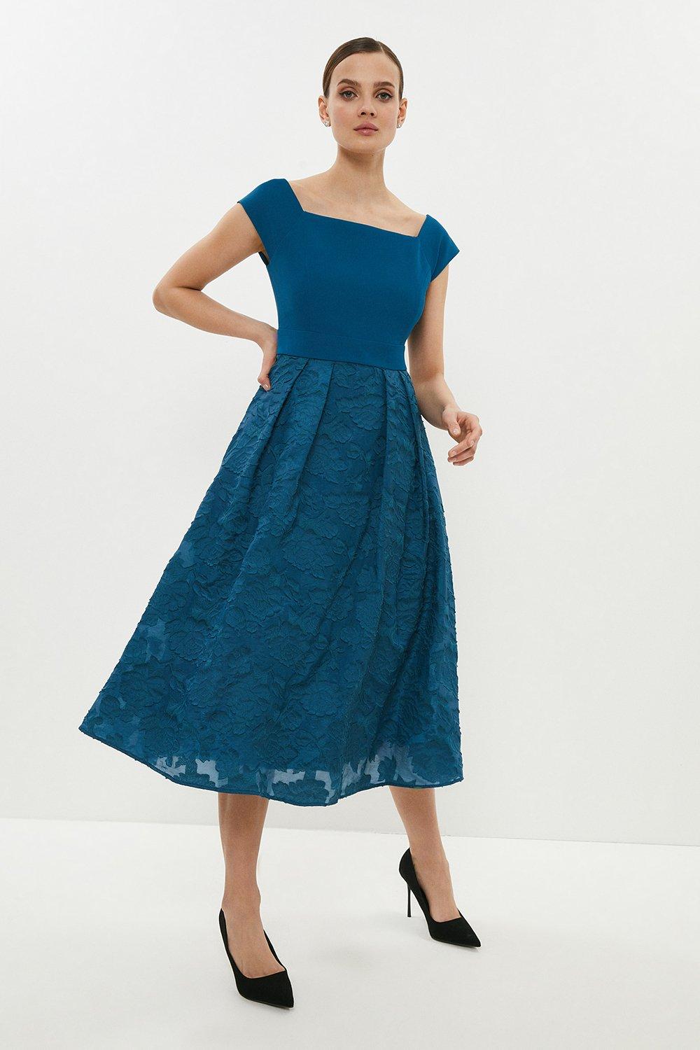 Bardot Clipped Jacquard Midi Dress - Blue