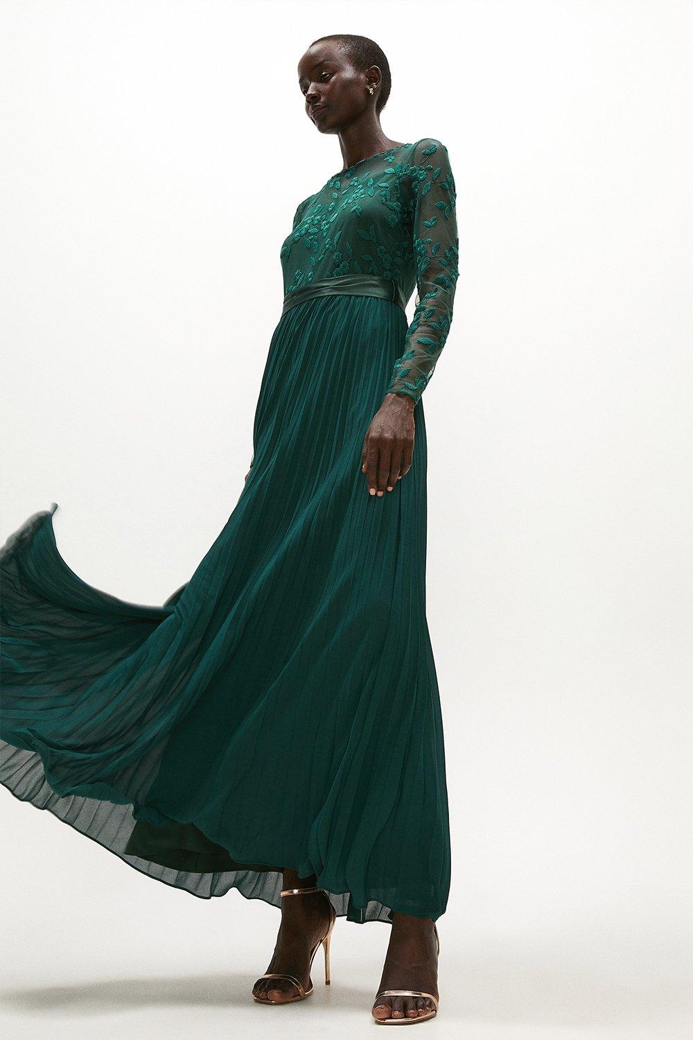 Embroidered Long Sleeve Maxi Dress - Green