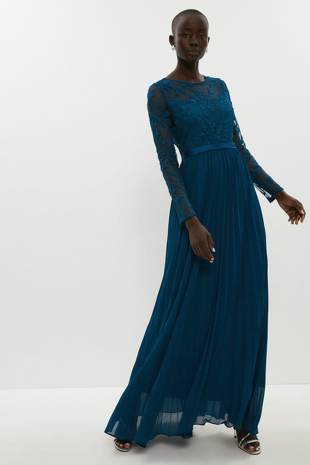 Embroidered Long Sleeve Maxi Dress - Blue