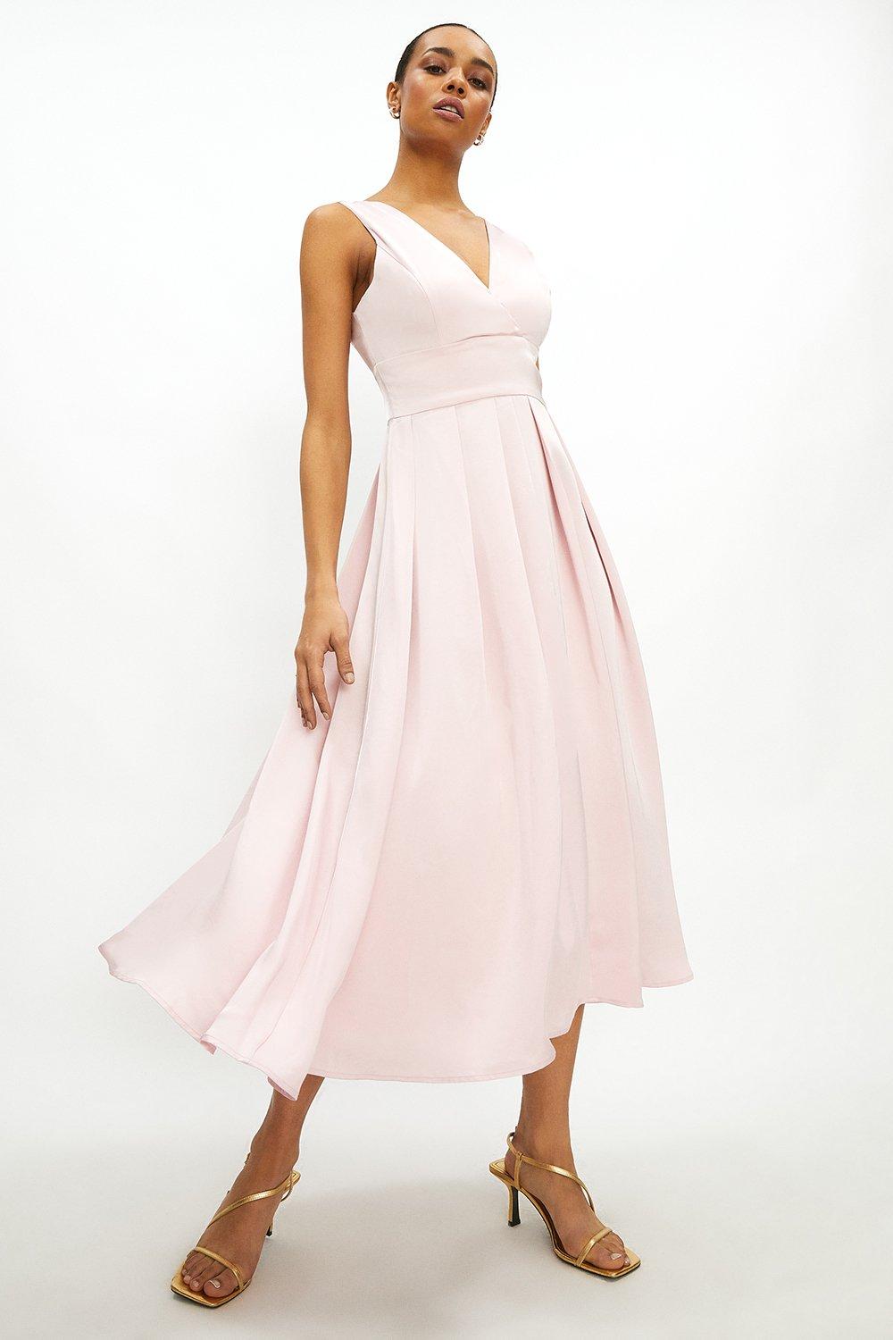 Full Skirted Satin Midi Dress - Pink