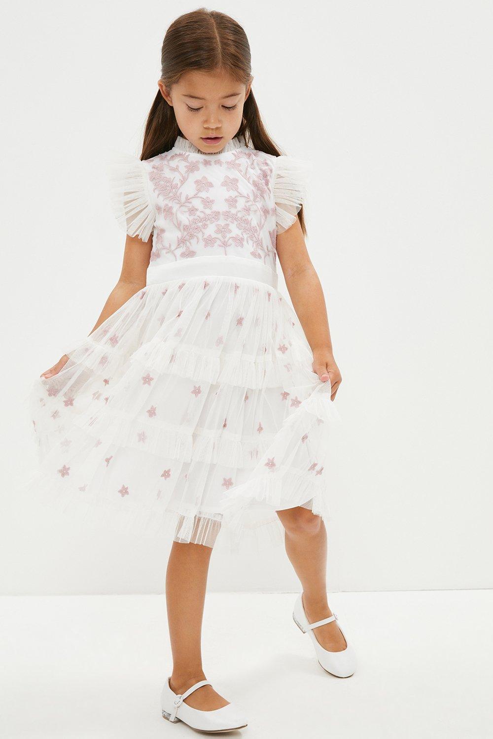 Girls Embroidered Frill Dress - Ivory