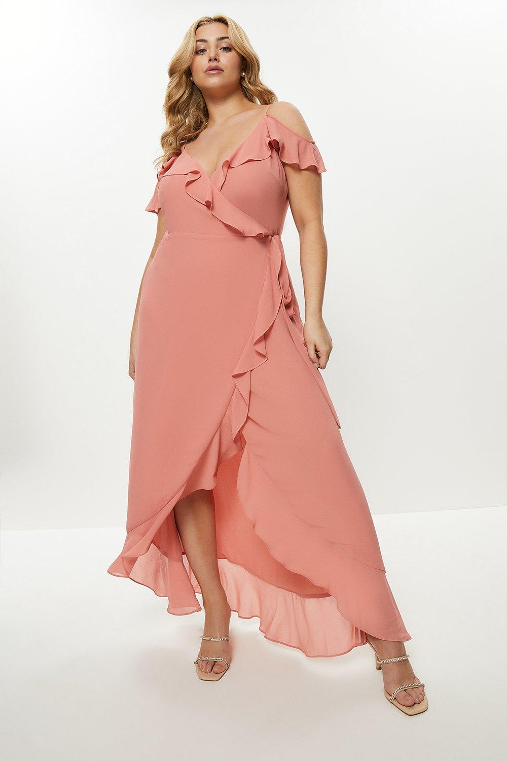 Plus Size Cold Shoulder Wrap Front Dress - Pink
