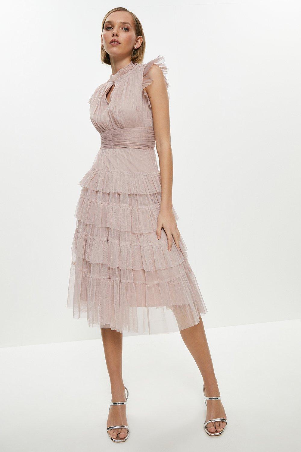 Petite Tulle Tiered Frill Sleeve Dress - Pink