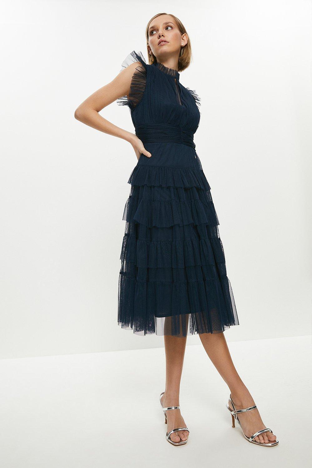 Petite Tulle Tiered Frill Sleeve Dress - Navy