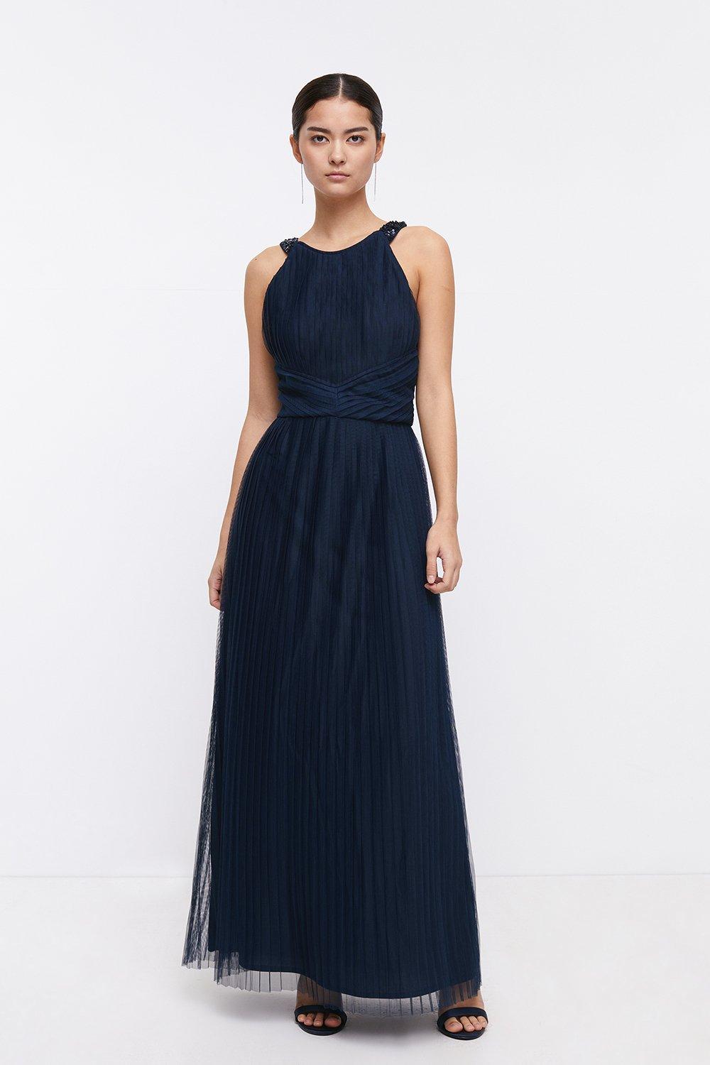 Petite All Over Pleated Maxi Dress - Navy