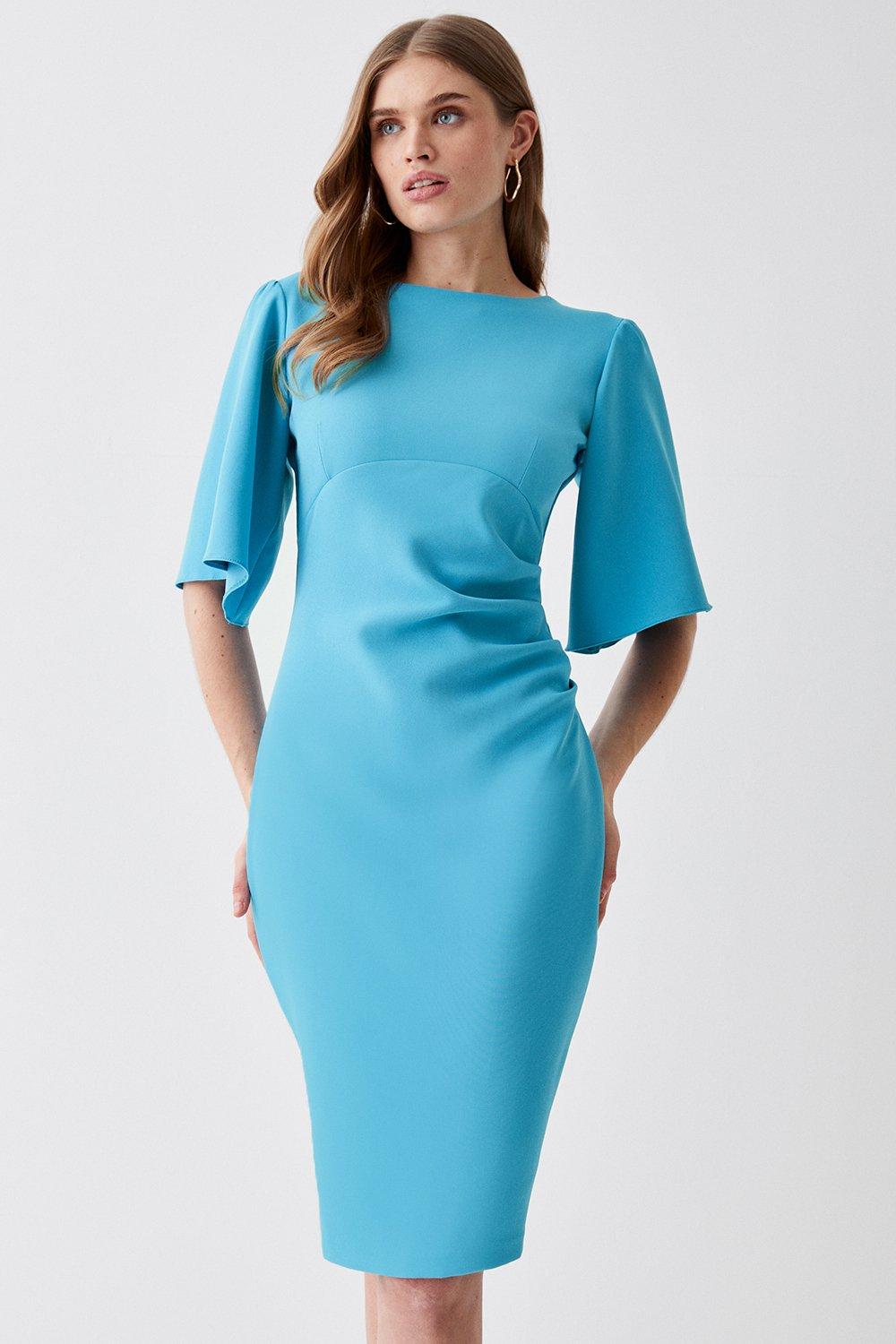 Flare Sleeve Ruche Waist Midi Dress - Bright Blue