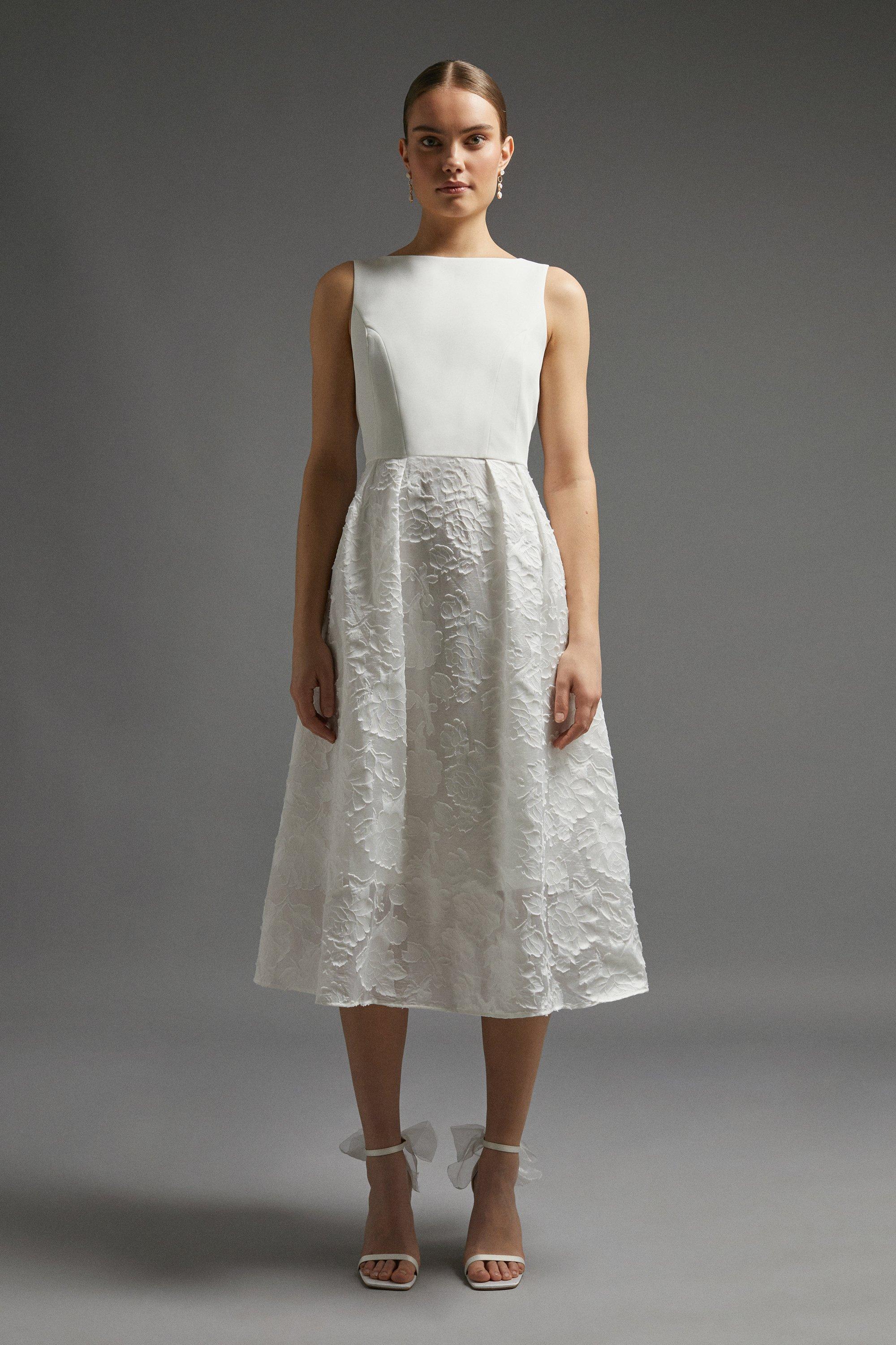 High Low Clipped Jacquard Dress - Ivory
