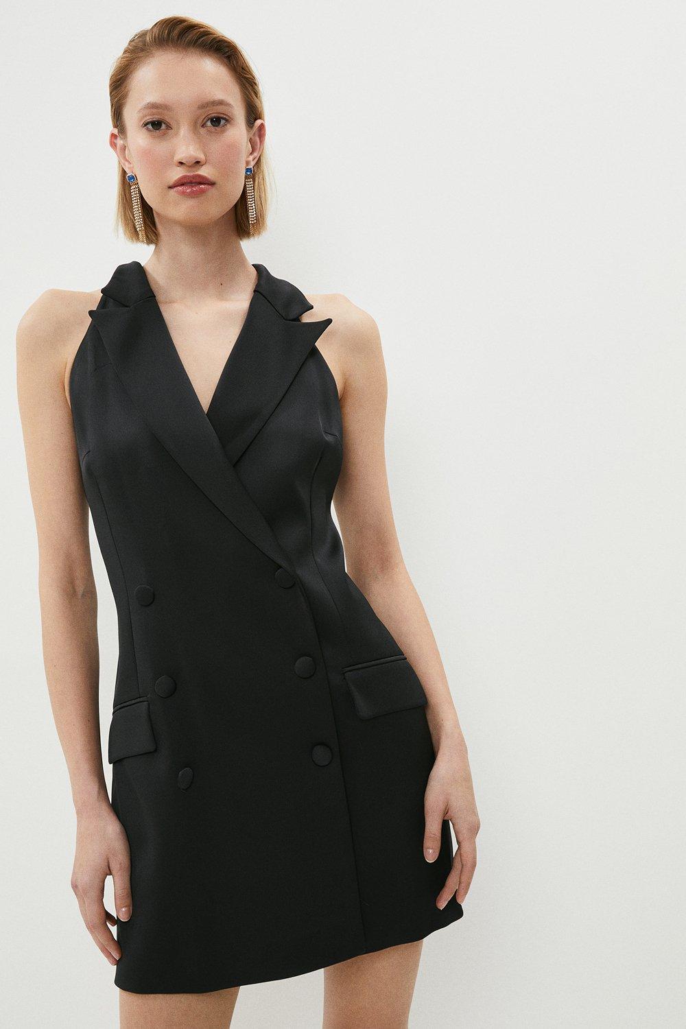 Sleeveless Tuxedo Wrap Dress With Buttons - Black