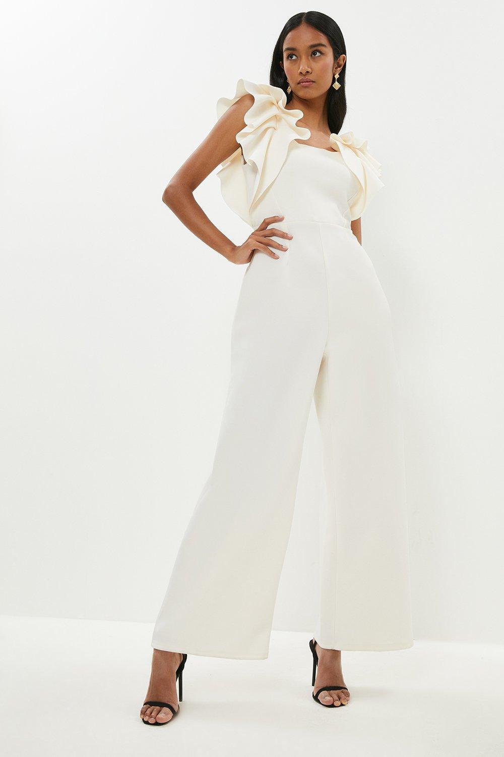 Jumpsuits, Ruffle Sleeve Wide Leg Scuba Jumpsuit