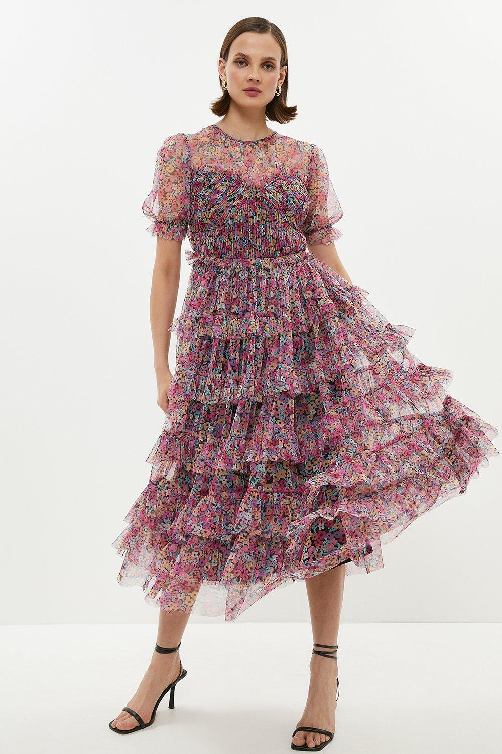 Needle & thread ruffle midi clearance dress in allover floral print