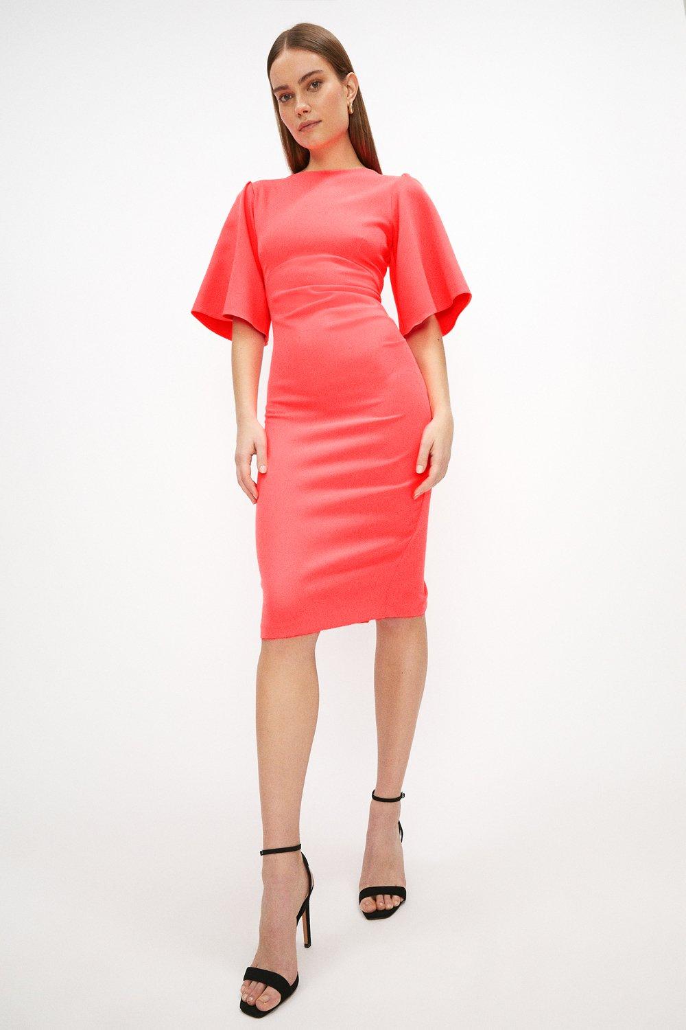 Flare Sleeve Ruche Waist Midi Dress - Neon-Coral