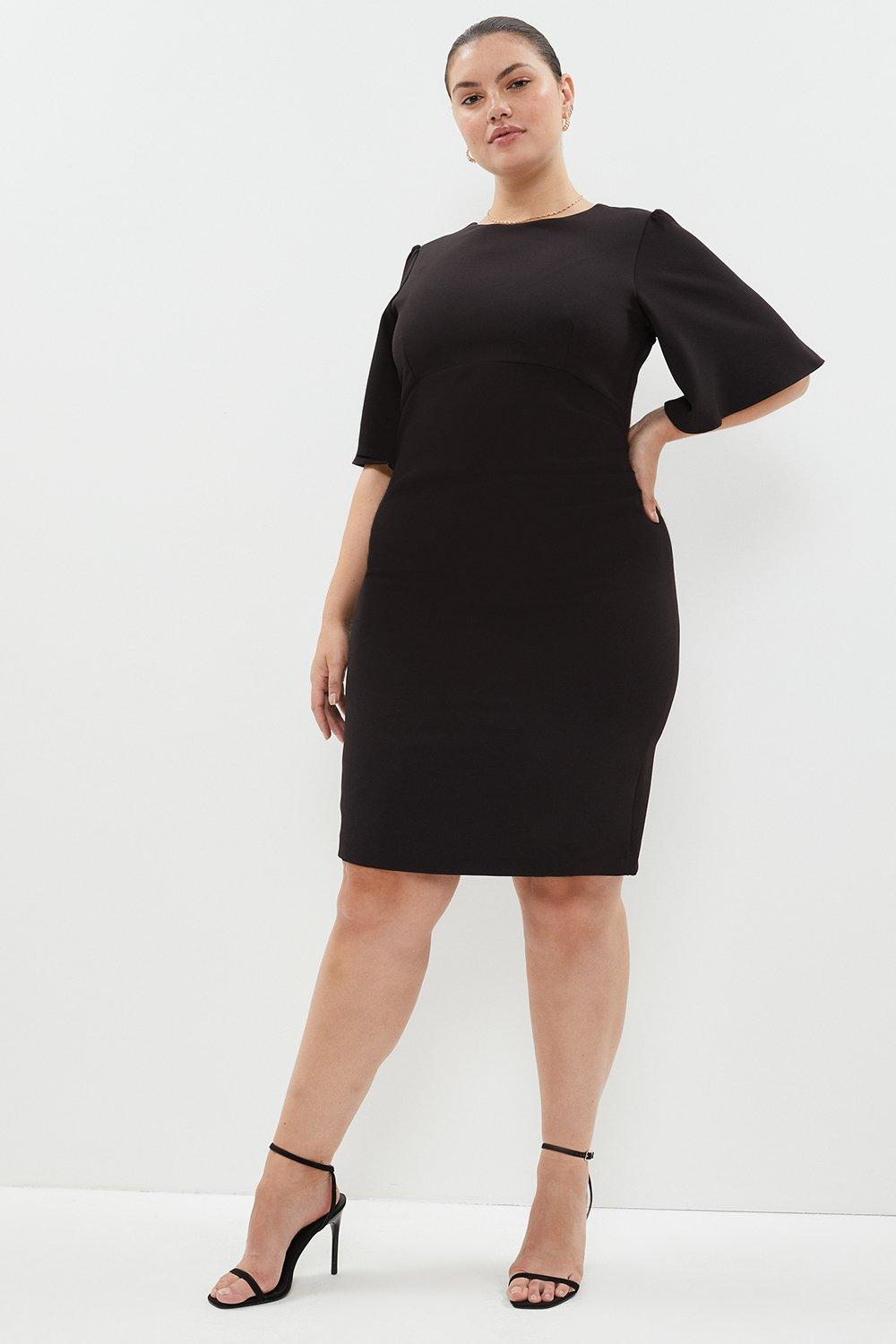 Plus Size Flare Sleeve Ruche Waist Midi Dress - Black
