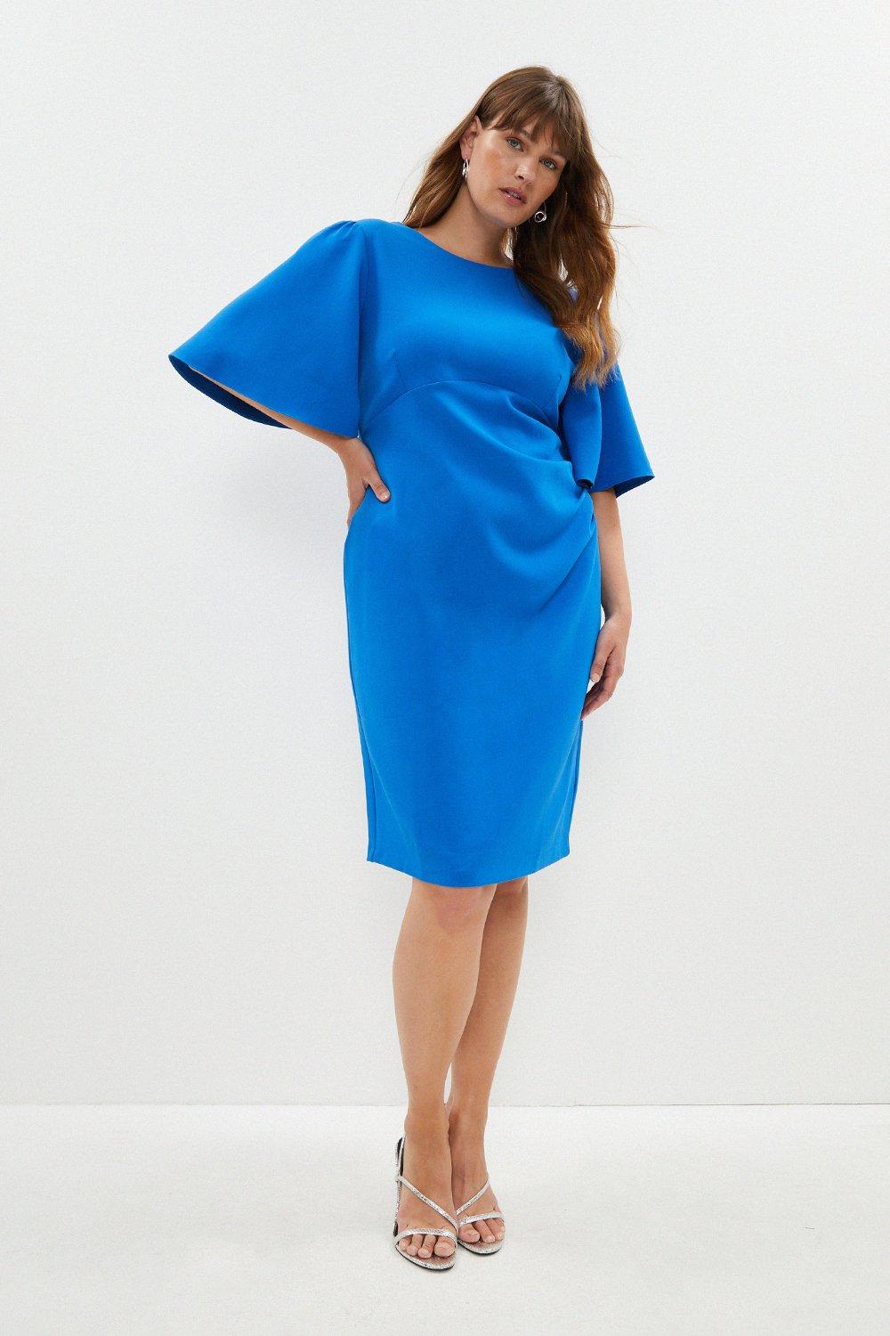 Plus Size Flare Sleeve Ruche Waist Midi Dress - Blue