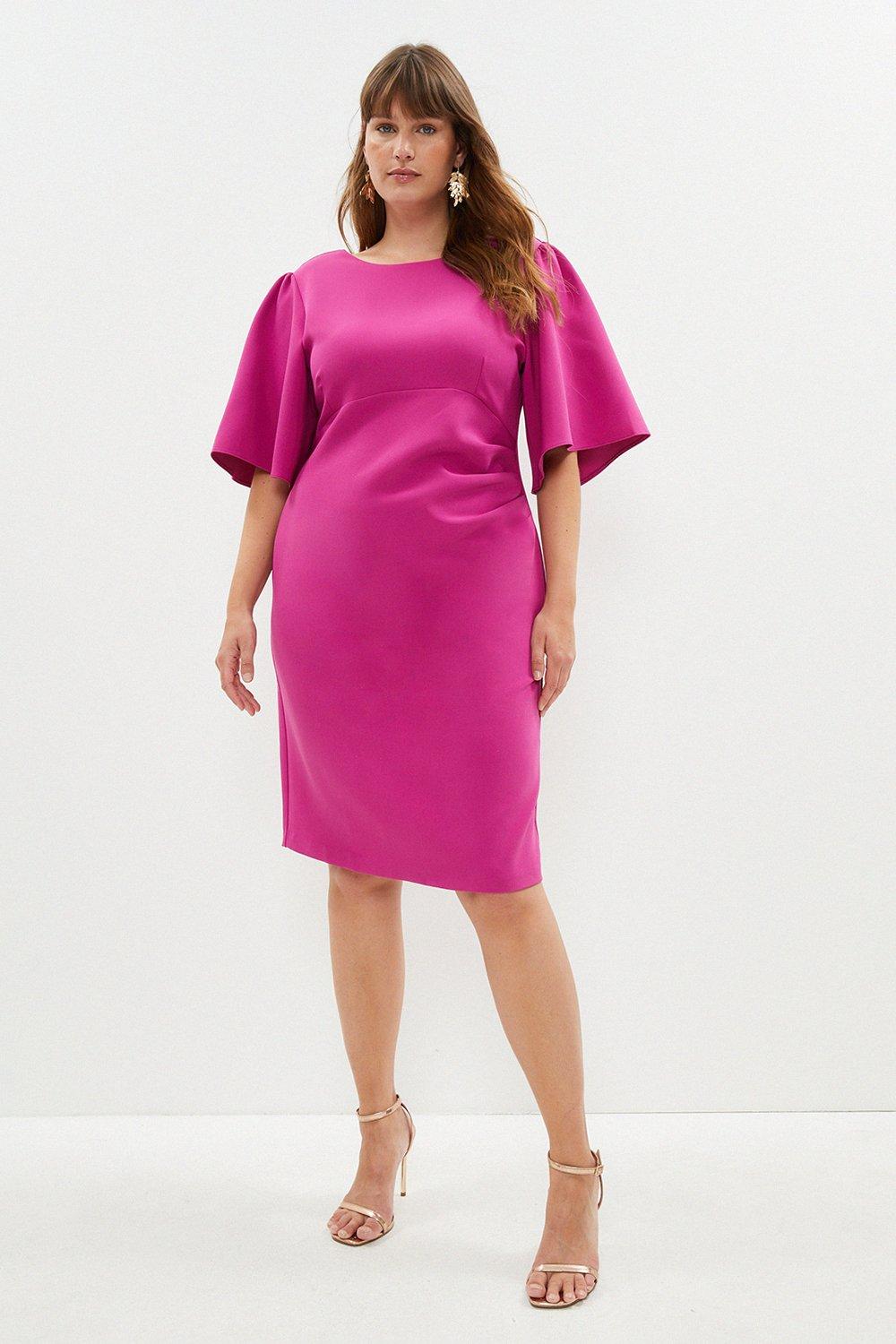 Plus Size Flare Sleeve Ruche Waist Midi Dress - Pink