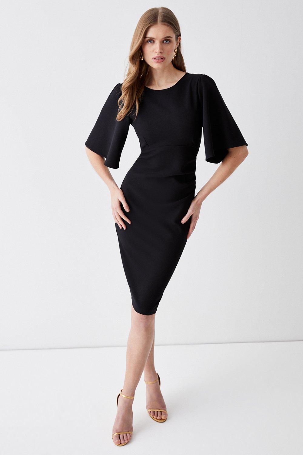 Flare Sleeve Ruche Waist Midi Dress - Black