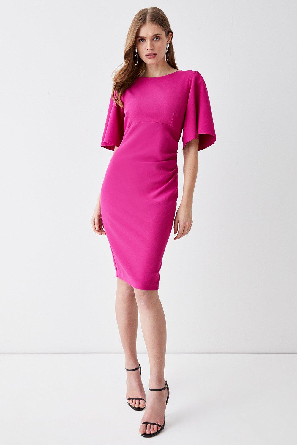 Flare Sleeve Ruche Waist Midi Dress - Pink