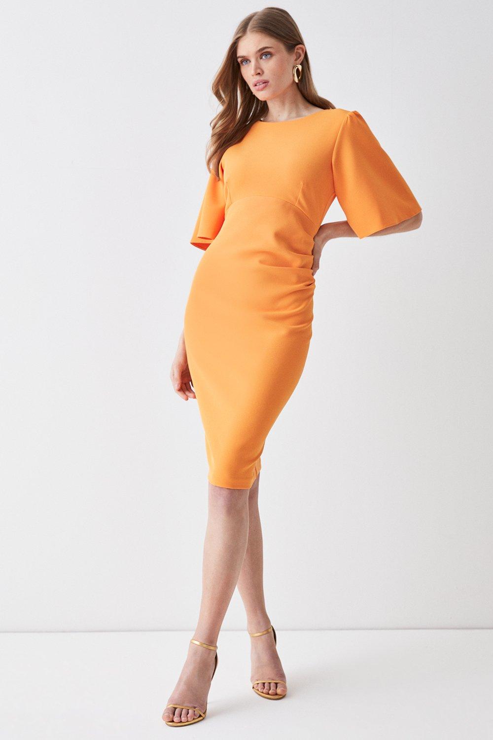 Flare Sleeve Ruche Waist Midi Dress - Orange