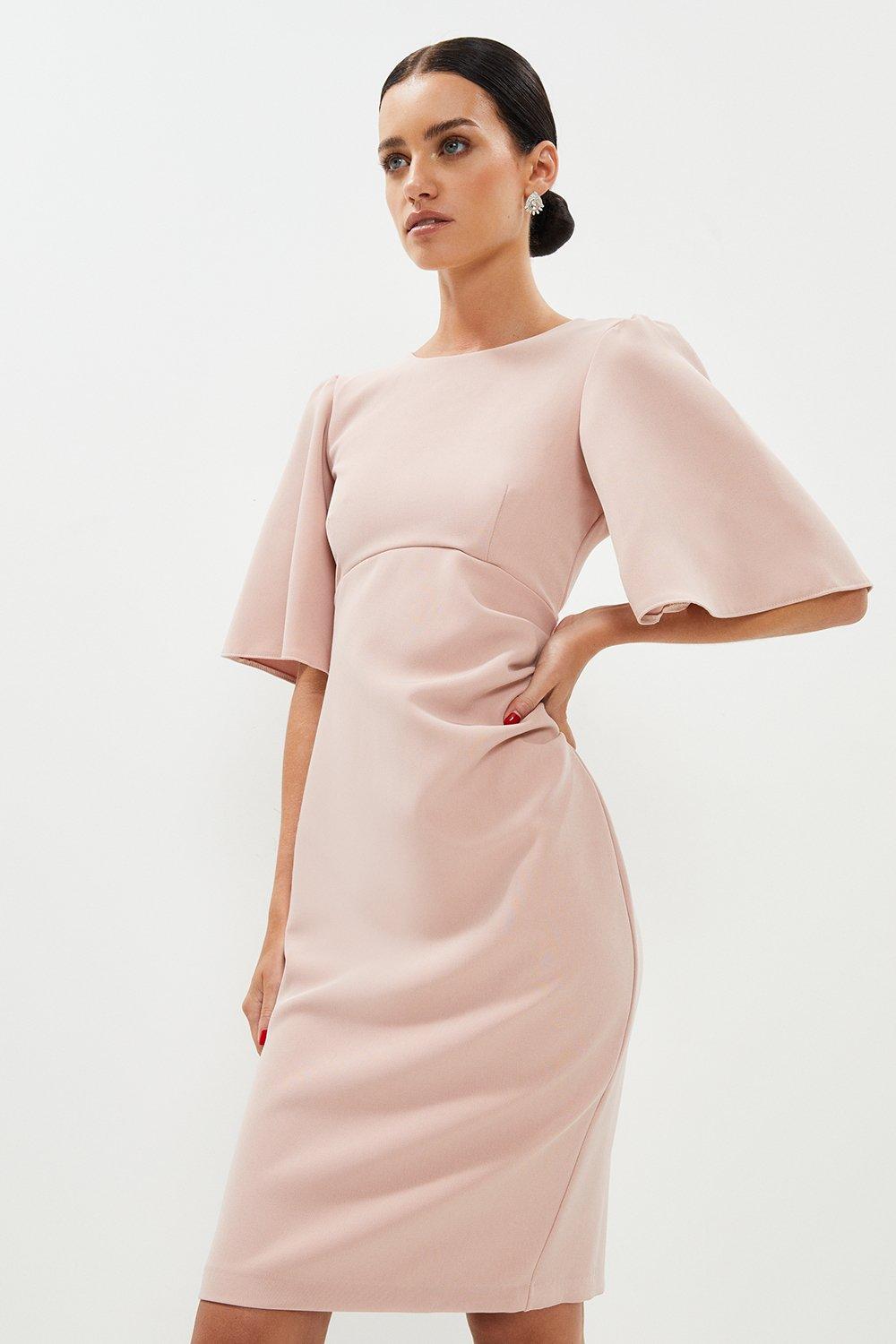 Petite Flare Sleeve Ruche Midi Dress - Pink