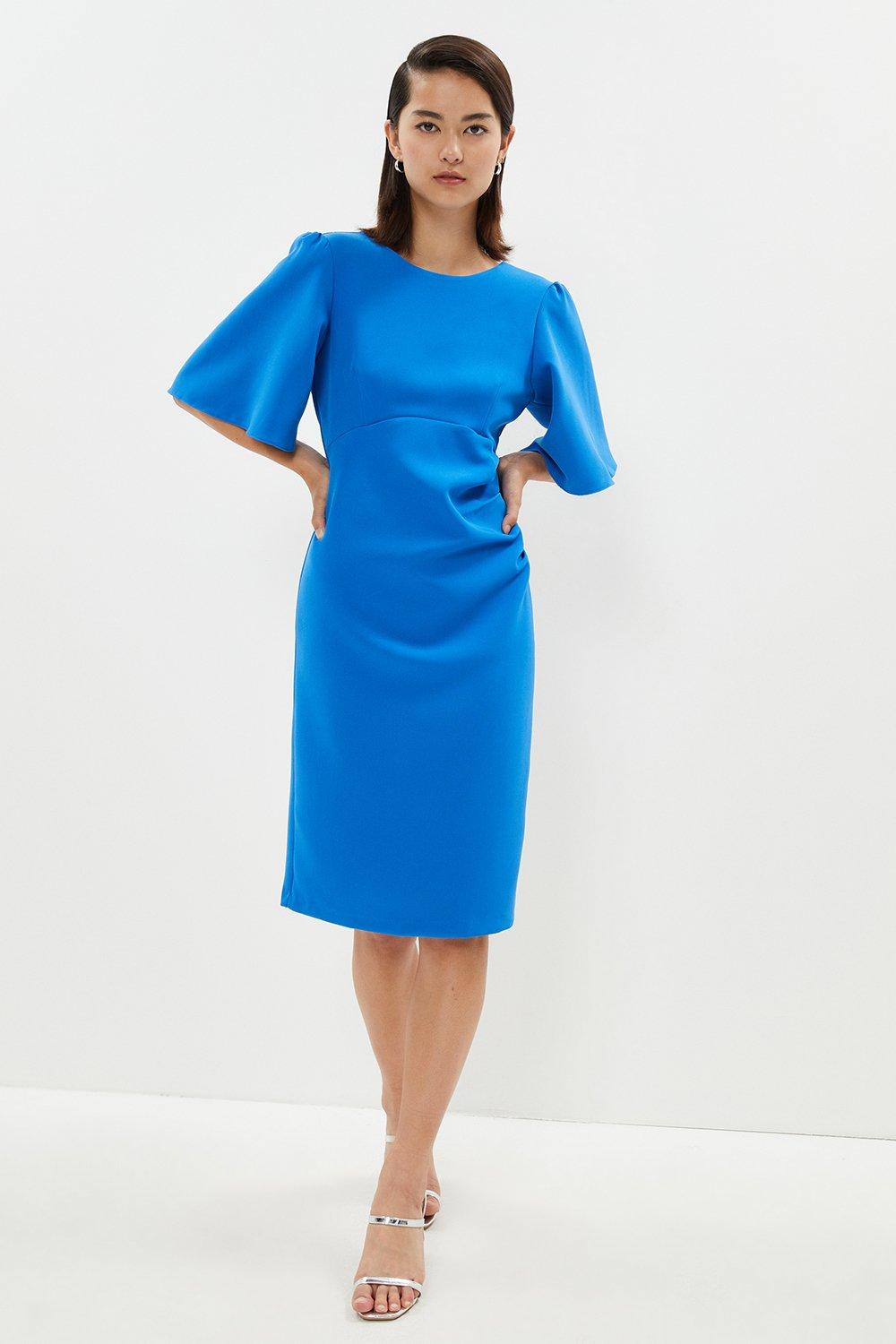 Petite Flare Sleeve Ruche Midi Dress - Blue