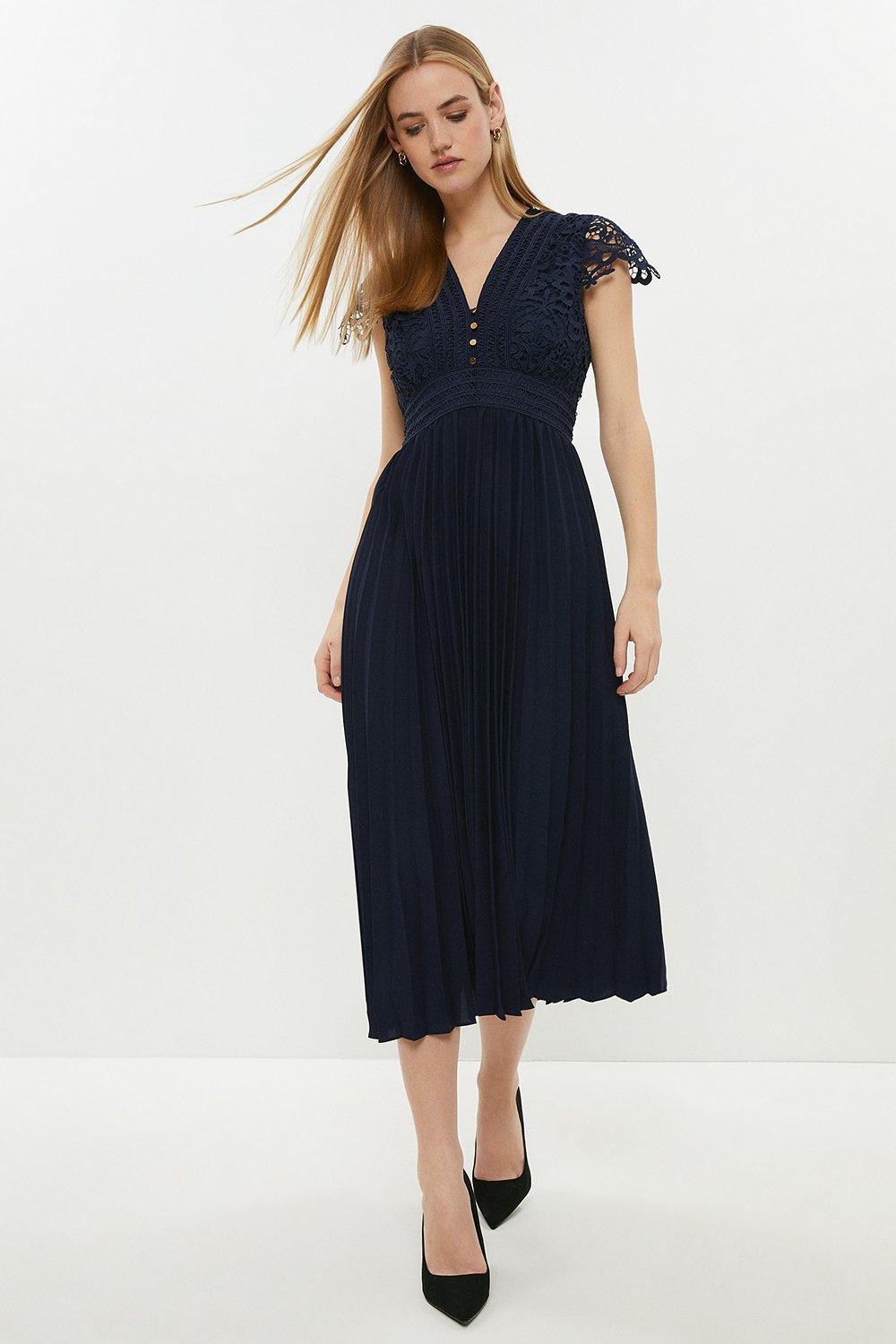 Cap Sleeve Pleat Skirt Two In One Dress - Navy