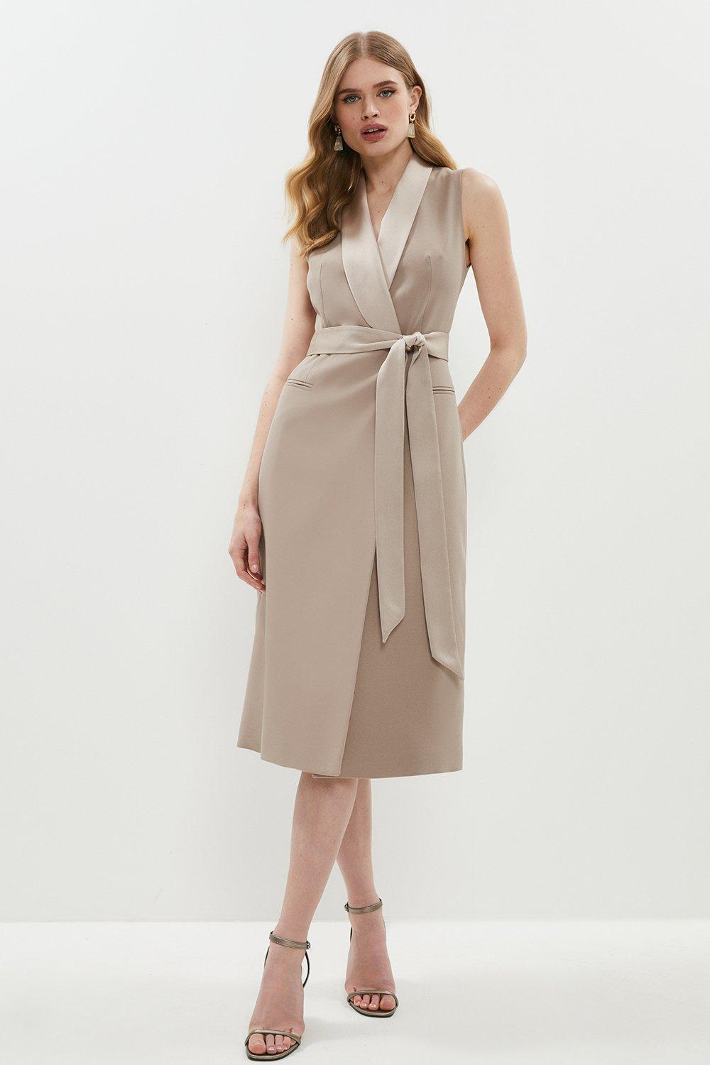 Premium Sleeveless Tuxe Wrap Midi Dress - Mink
