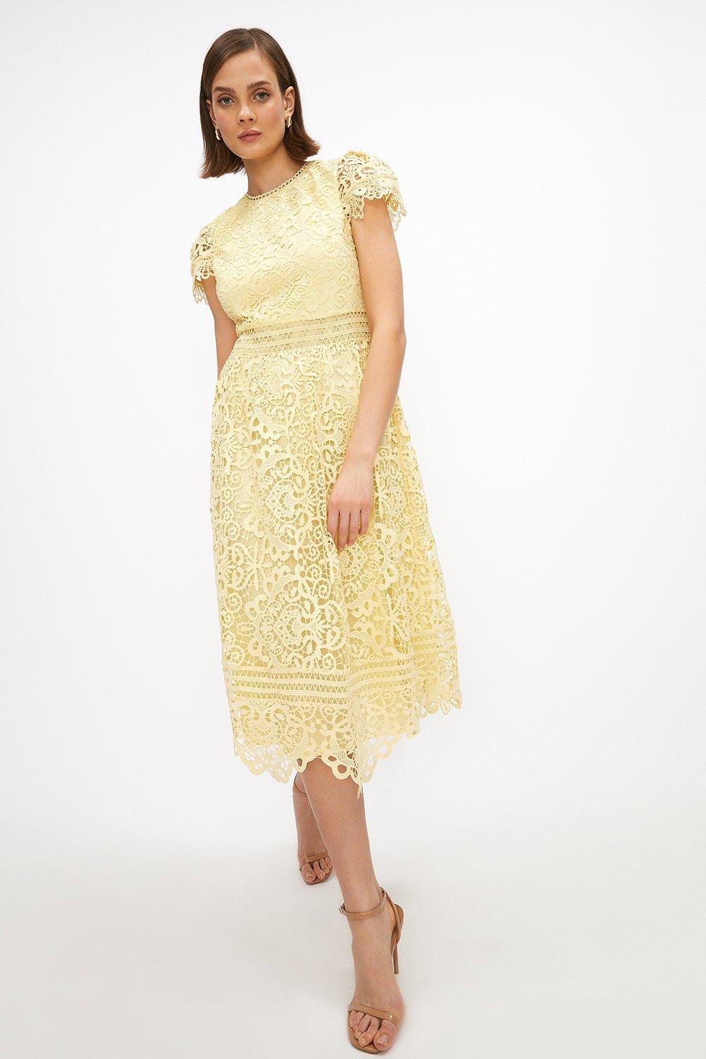 Lace Cap Sleeve Full Skirted Midi Dress - Lemon