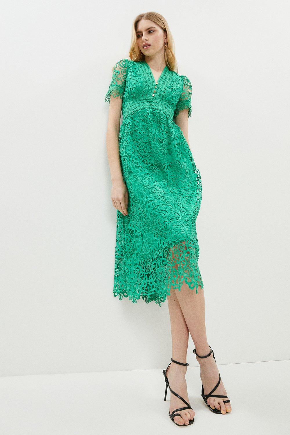 Lace V Neck Full Skirt Midi Dress - Green