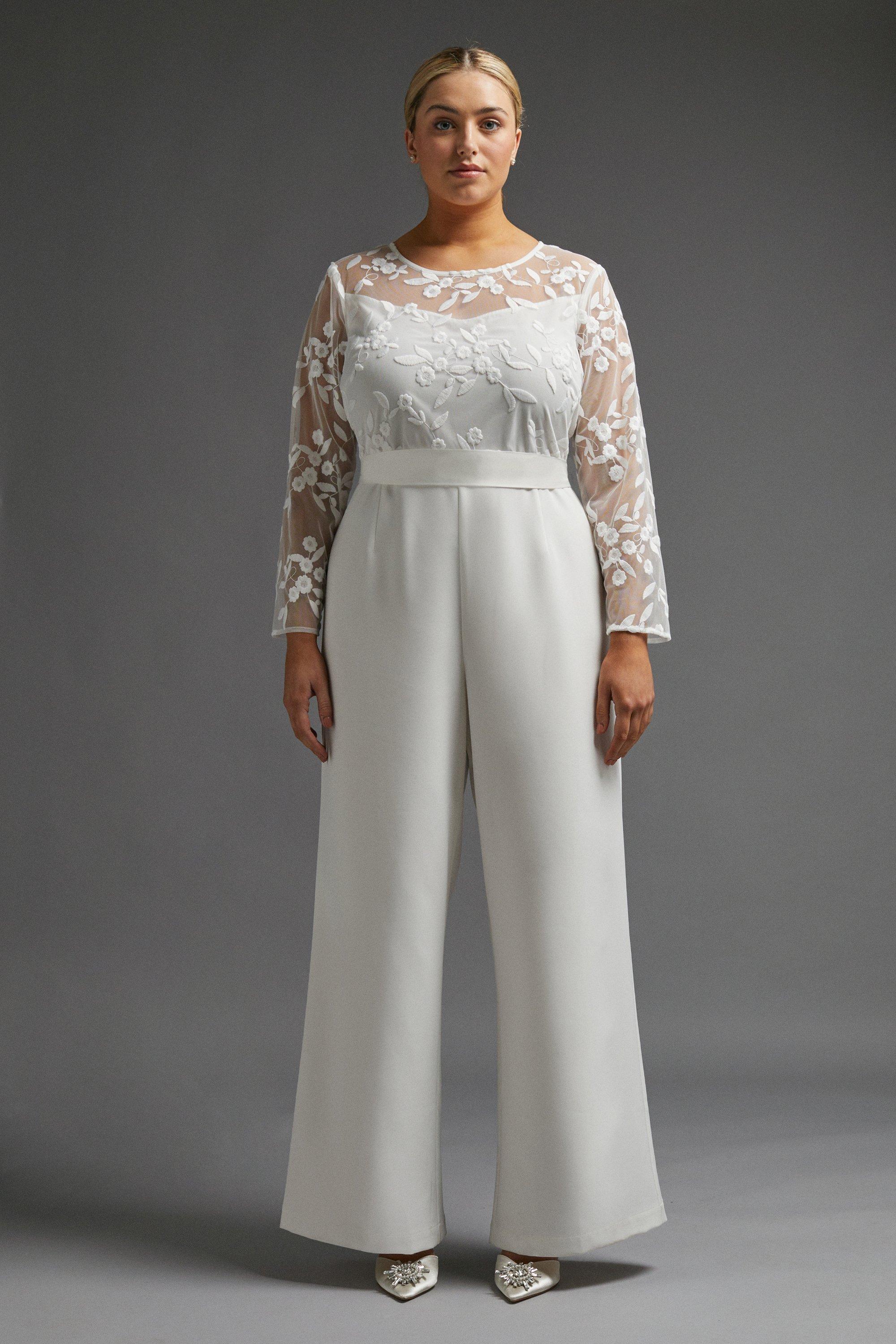 Plus Size Embroidered Top Wide Leg Jumpsuit - Ivory