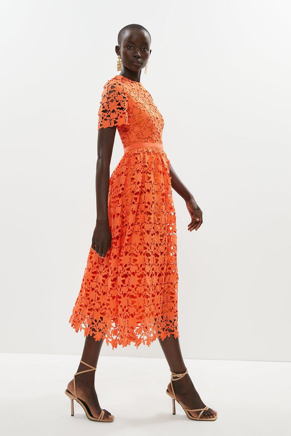 Lace Fit And Flare Midi Dress - Orange