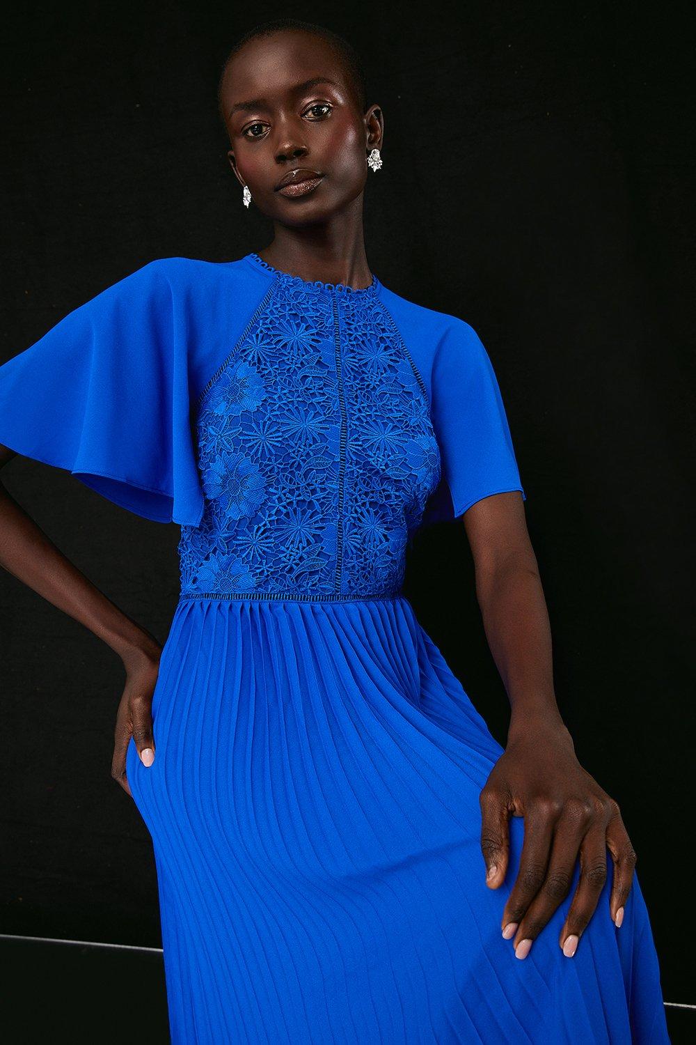 Cape Detail Lace Bodice Pleat Skirt Midi Dress - Blue