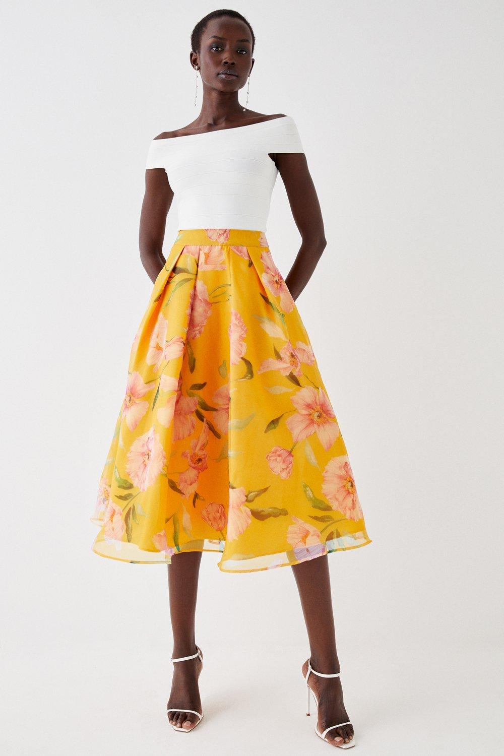 Printed Organza Full Midi Skirt - Yellow