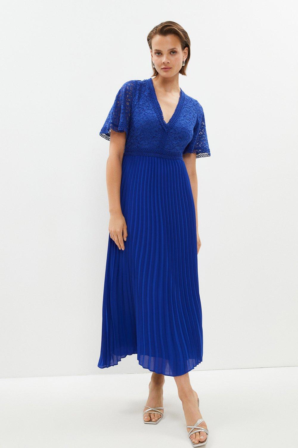 Lace Bodice Angel Sleeve Pleat Skirt Maxi Dress - Blue