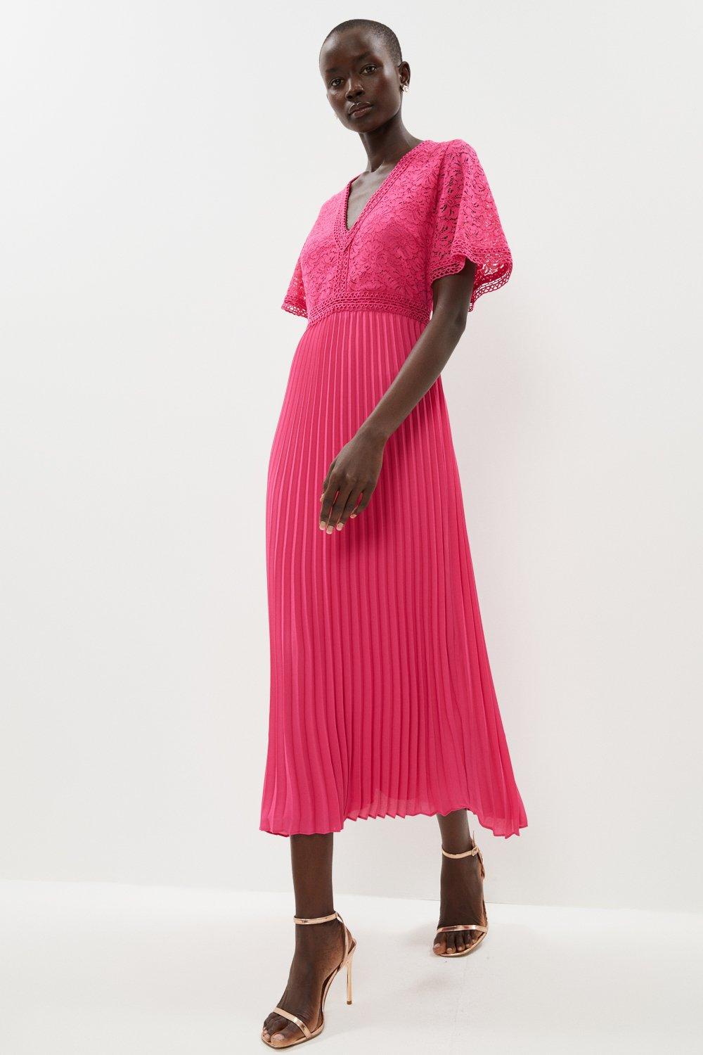 Lace Bodice Angel Sleeve Pleat Skirt Maxi Dress - Pink