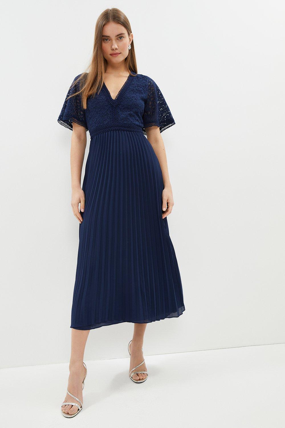 Lace Bodice Angel Sleeve Pleat Skirt Maxi Dress - Navy