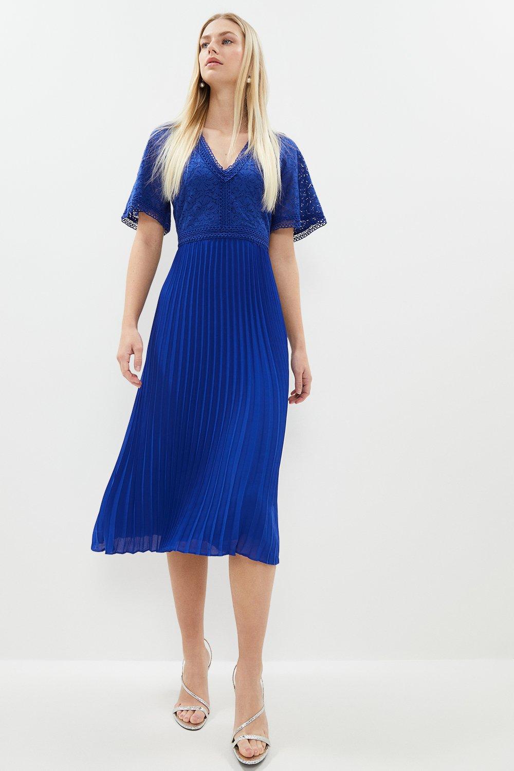 Lace Bodice Angel Sleeve Pleat Skirt Midi Dress - Blue