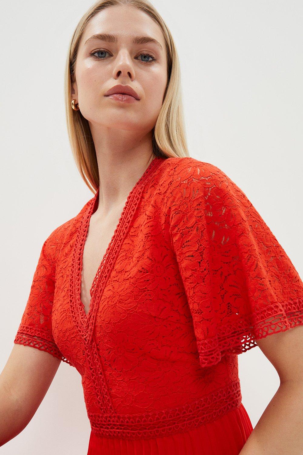 Lace Bodice Angel Sleeve Pleat Skirt Midi Dress - Red