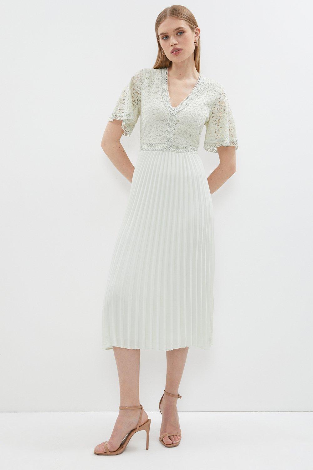 Lace Bodice Angel Sleeve Pleat Skirt Midi Dress - Sage