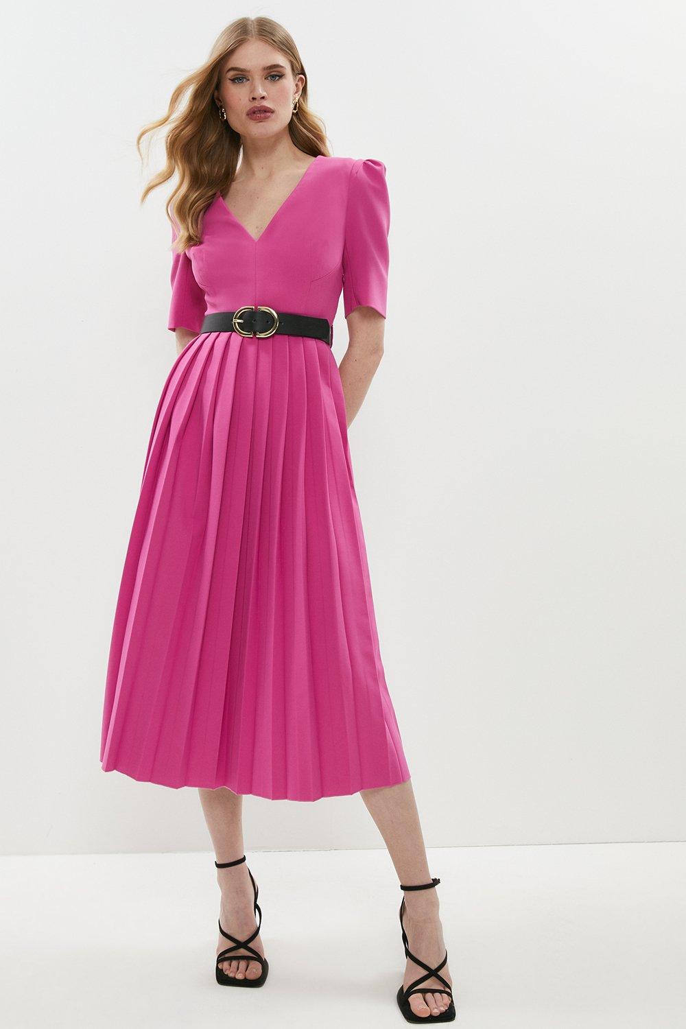 V Neck Pleat Skirt Midi Dress - Pink