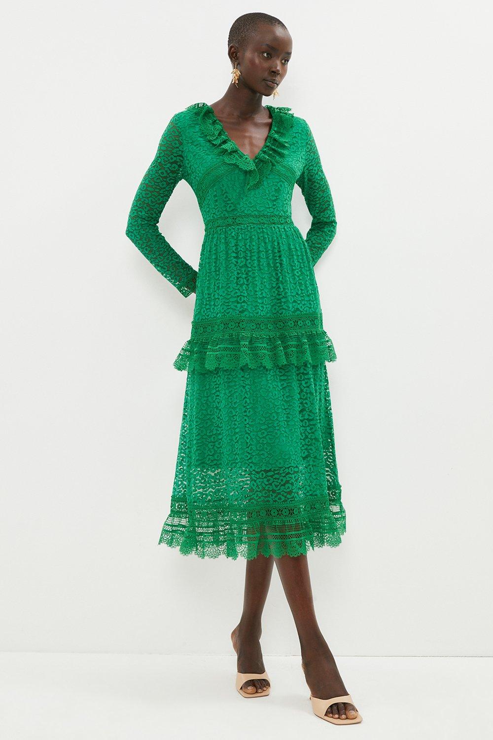 Lace Panelled Midaxi Dress - Green