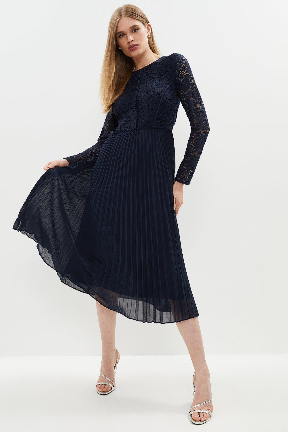 Lace Top Pleated Skirt Dress - Navy