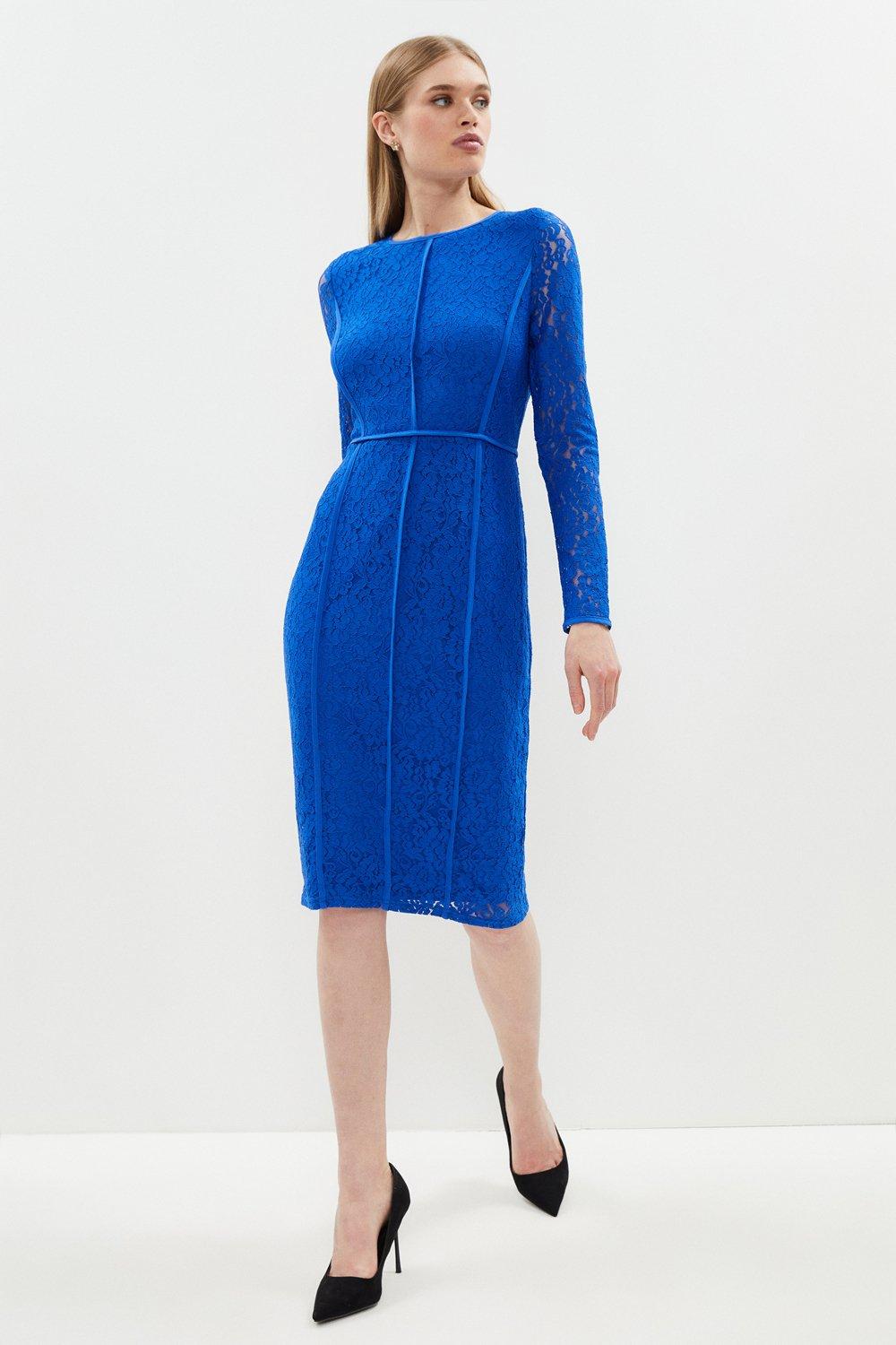 Panelled Lace Pencil Dress - Blue
