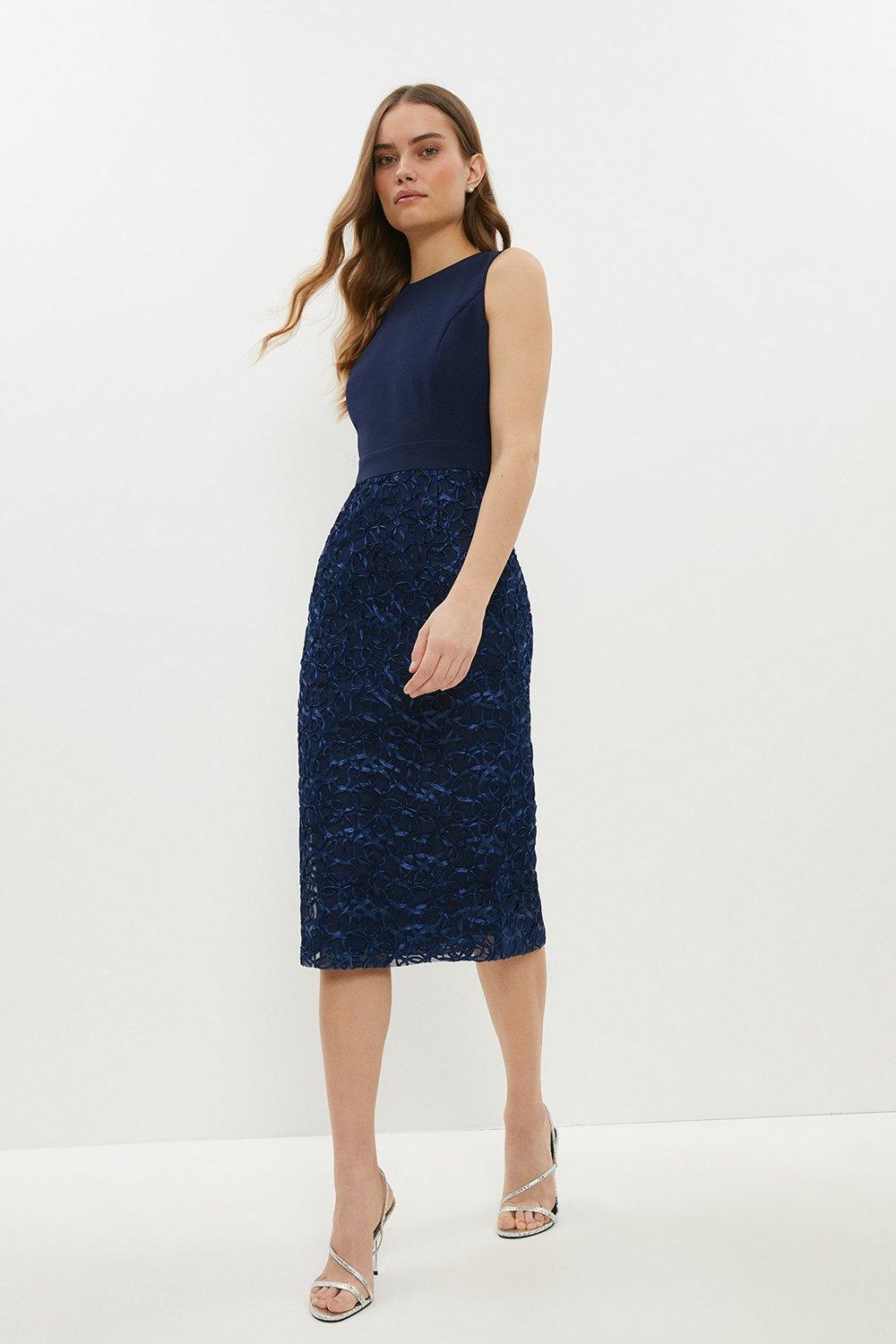 Embroidered Skirt 2 In 1 Pencil Dress - Navy