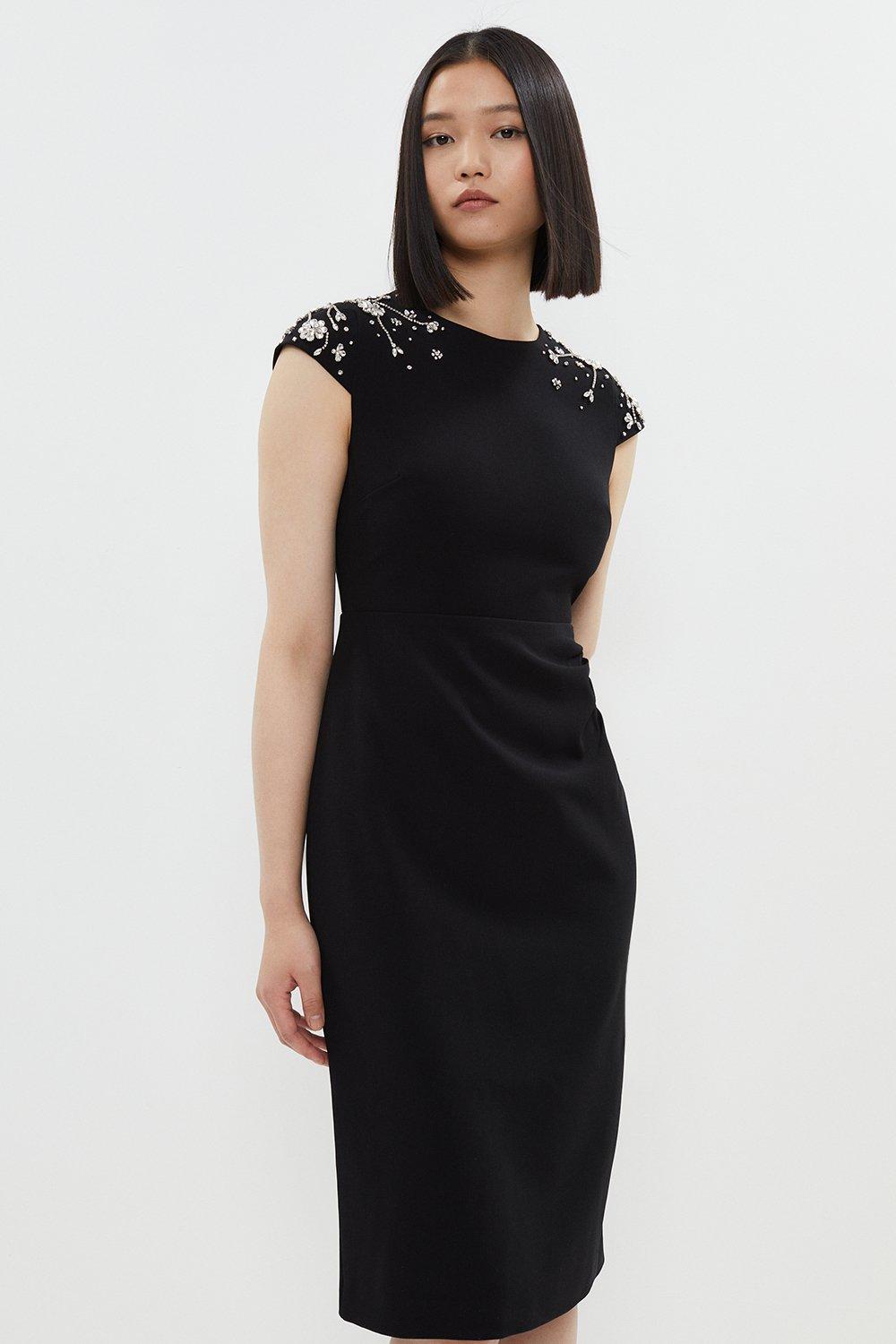 Premium Crepe Ruched Side Embellished Midi Dress - Black