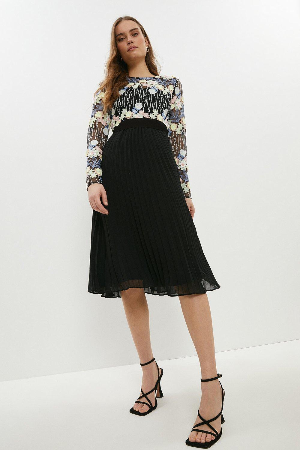 Petite Embroidered Pleated Skirt Midi Dress