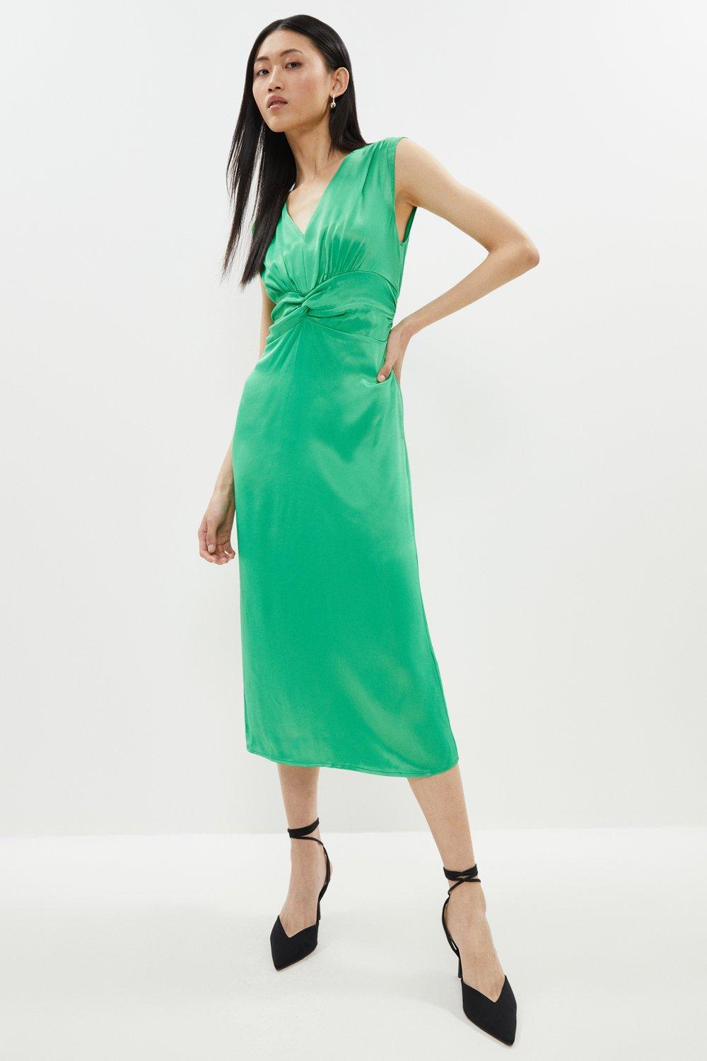 Twist Front Satin Sleeveless Midi Dress - Green