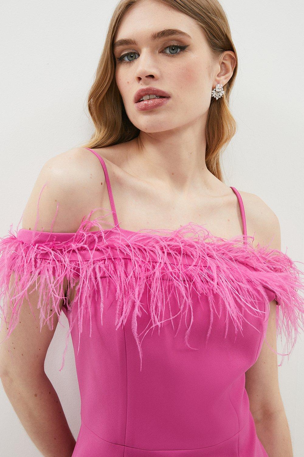 Feather Trim Bardot Mini Dress - Pink