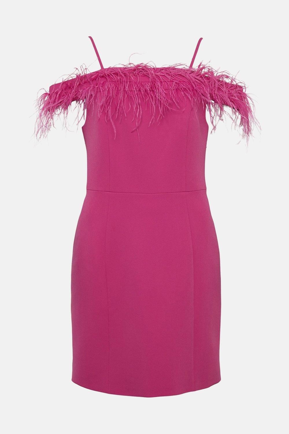 Prettylittlething Dresses | New Prettylittlething Hot Pink Brushed Knit Feather Trim Mini Dress Size Xs | Color: Blue/Pink | Size: Xs | Tibbyfinds's