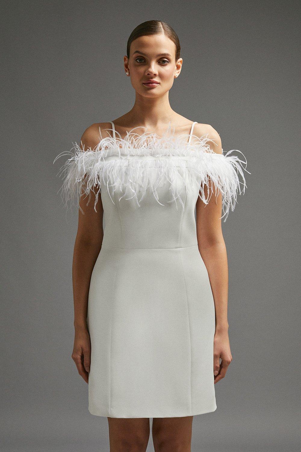 Feather Trim Bardot Mini Dress - Ivory