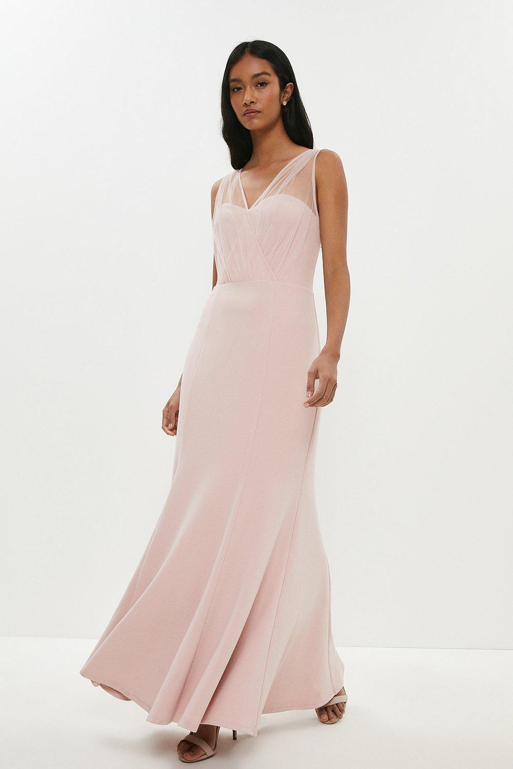 V Neck Sheer Over Layer Fishtail Maxi Dress - Pink
