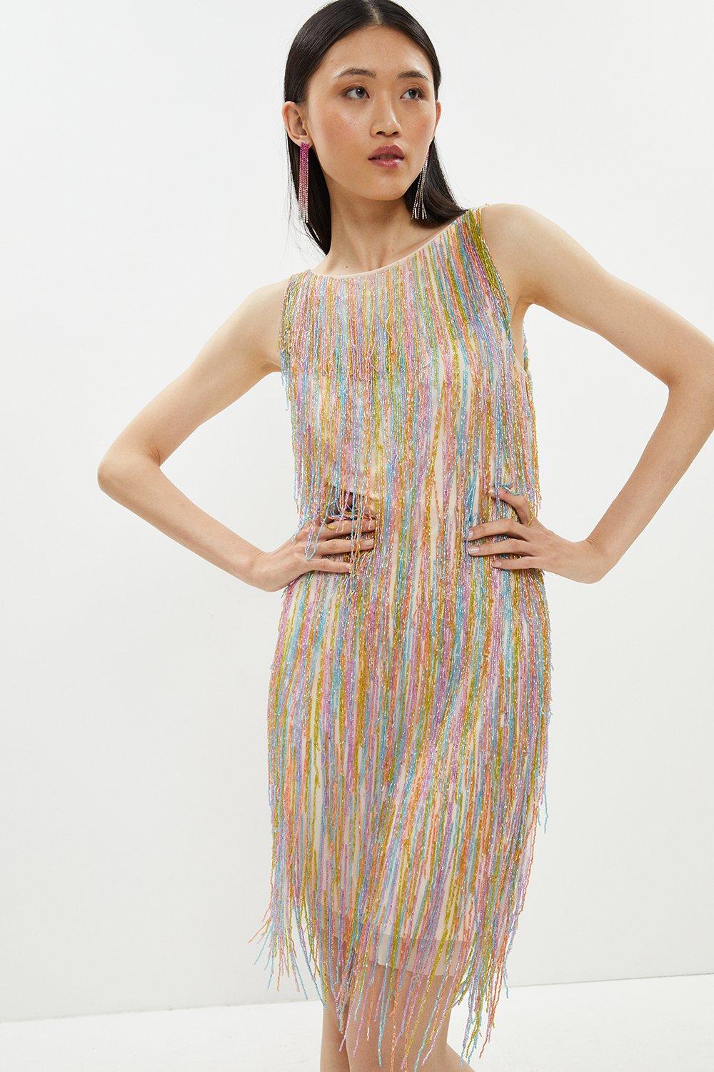 Premium Rainbow Embellished Fringe Mini Dress